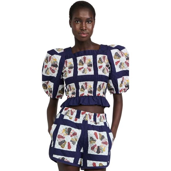 Sea New York Pippin Patchwork Top Puff Sleeve Ruched Open Back 6 Cottagecore - Picture 9 of 9